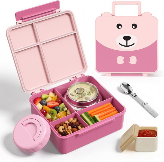 Kids Bento Lunch Box Leak-Proof 4-Compartment 8oz Soup Thermo（Pink）