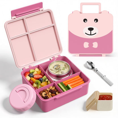 Kids Bento Lunch Box Leak-Proof 4-Compartment 8oz Soup Thermo（Pink）