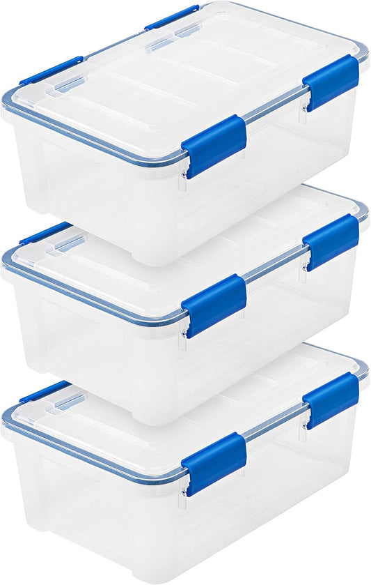 IRIS USA 3-Pack 16 Qt Storage Bins with Gasket Lids, Clear/Blue