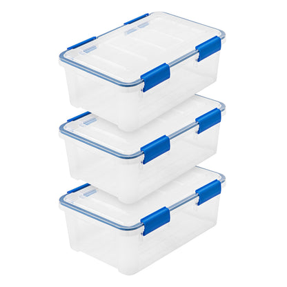IRIS USA 3-Pack 16 Qt Storage Bins with Gasket Lids, Clear/Blue
