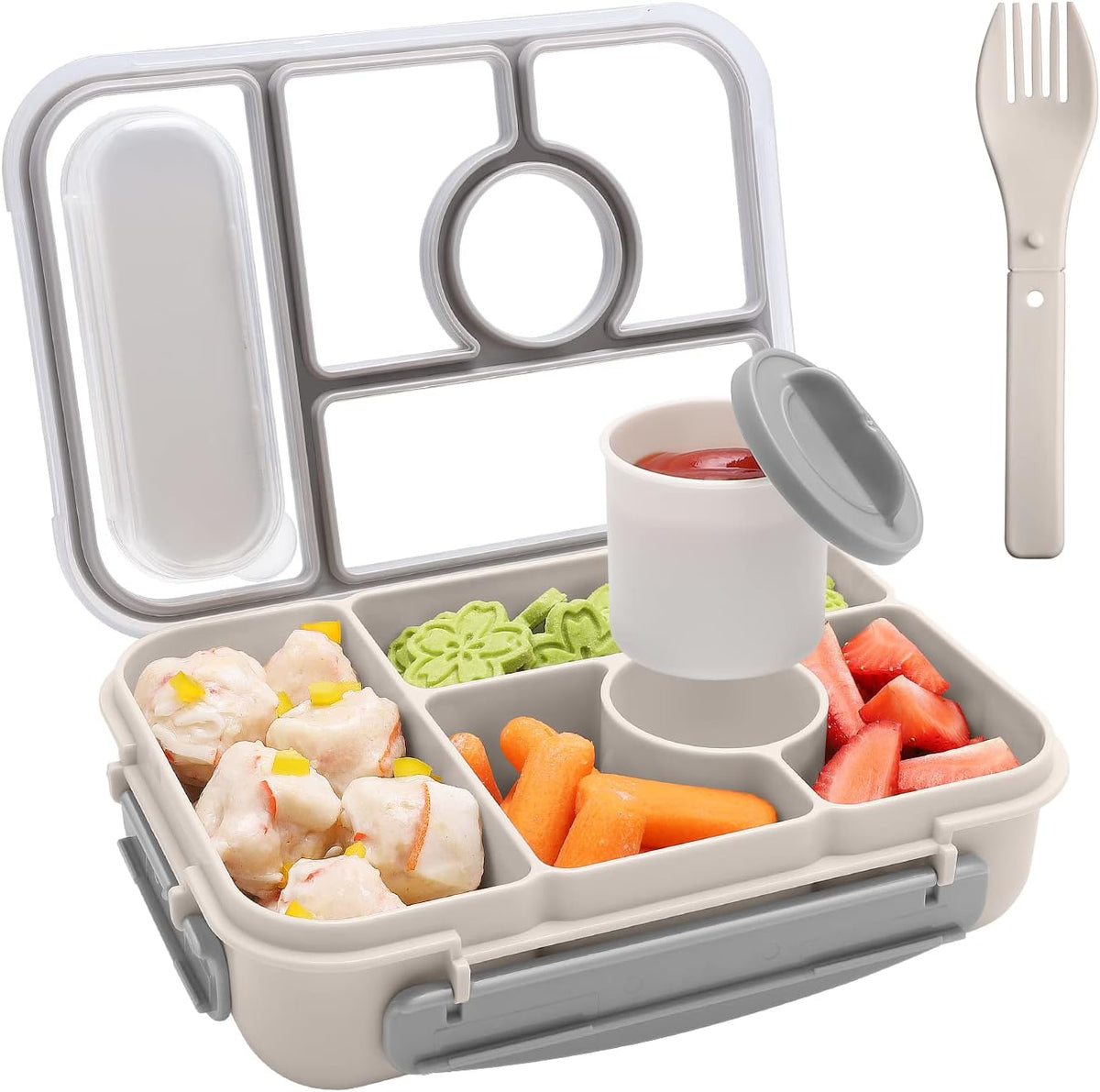 Amathley Bento Box Adult Lunch Box Kids,Lunch Containers for Adults/Kids/Toddler,5 Compartments Bento Lunch Box with Sauce Vontainers,Microwave & Dishwasher & Freezer Safe,BPA-Free (White)