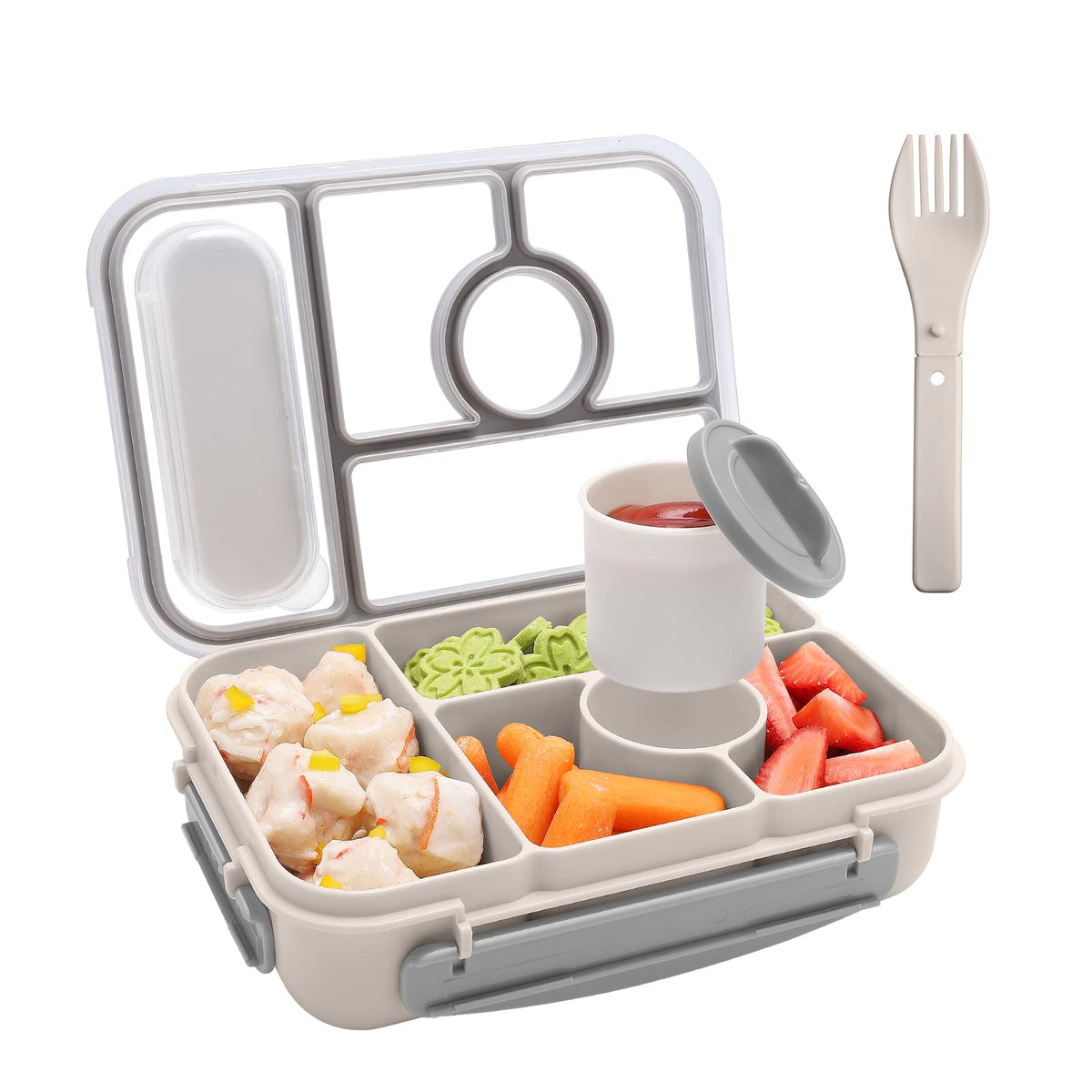 Amathley Bento Box Adult Lunch Box Kids,Lunch Containers for Adults/Kids/Toddler,5 Compartments Bento Lunch Box with Sauce Vontainers,Microwave & Dishwasher & Freezer Safe,BPA-Free (White)