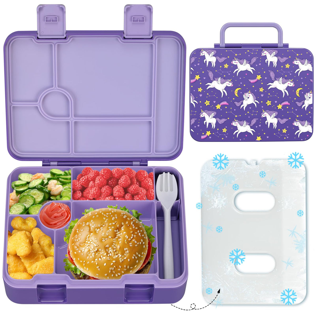 Kids Bento Lunch Box with Ice Pack, 5 Compartments Leak-Proof Bento Box with Utensils, 5.5-Cup Capacity for Adults & Ages 8+, BPA Free, Microwave & Dishwasher Safe, Pink