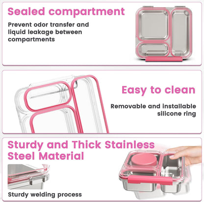Stainless Steel Bento Box Kids Adult with 7oz Soup Thermo, Transparent Lid 3 Compartments Metal Bento Lunch Box with Insulated Food Jar,Lunch Box Container Sauce Cup for School,BPA-Free(Pink)