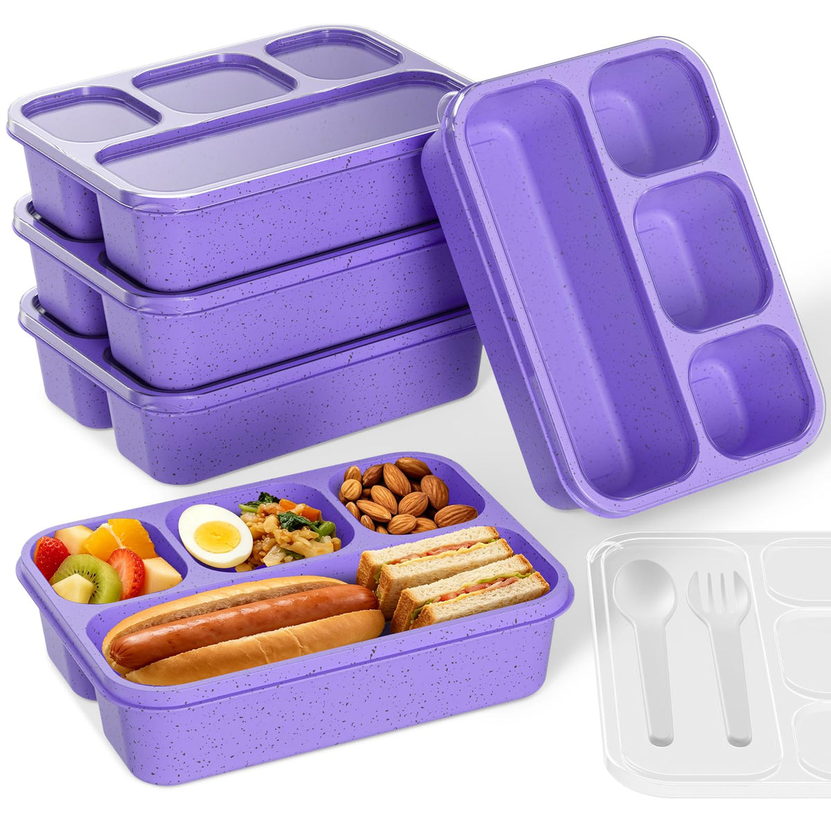 Bento Box 5-Pack, 4-Compartment Lunch Box for Women, Men & Kids, BPA-Free Wheat Straw Snack Containers, Ideal for Meal Prep, Travel, School, Work (White)