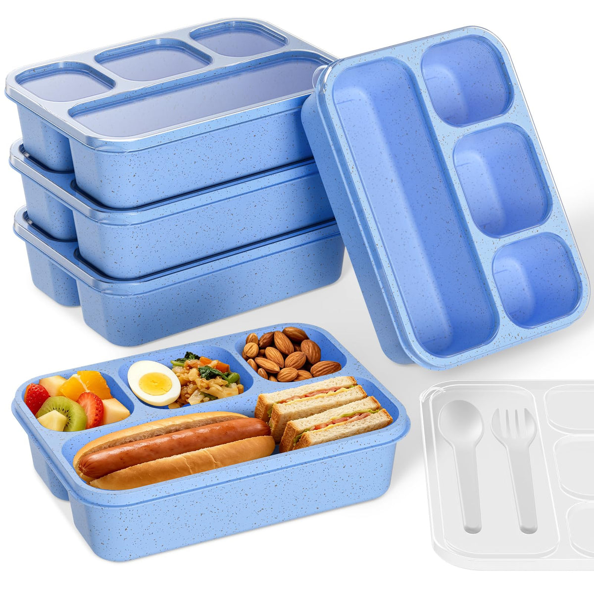 Bento Box 5-Pack, 4-Compartment Lunch Box for Women, Men & Kids, BPA-Free Wheat Straw Snack Containers, Ideal for Meal Prep, Travel, School, Work (White)