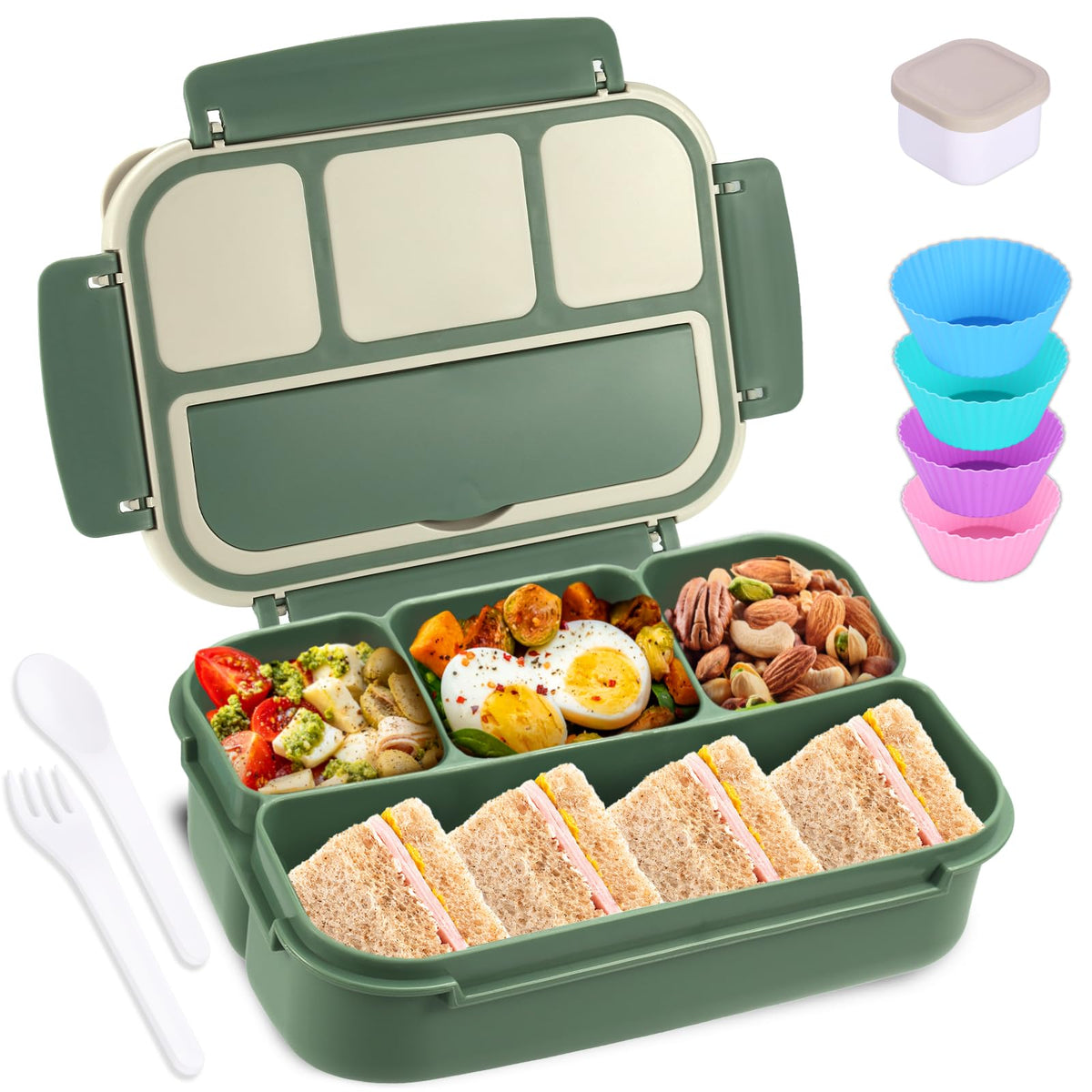 Bento Box Adult Lunch Box, Containers for Adults Men Women with 4 Compartments, Lunchable Food Container with Utensils, Sauce Jar, Muffin Liners, 40 Oz/5 Cup, Microwave & Dishwasher Safe, Brown