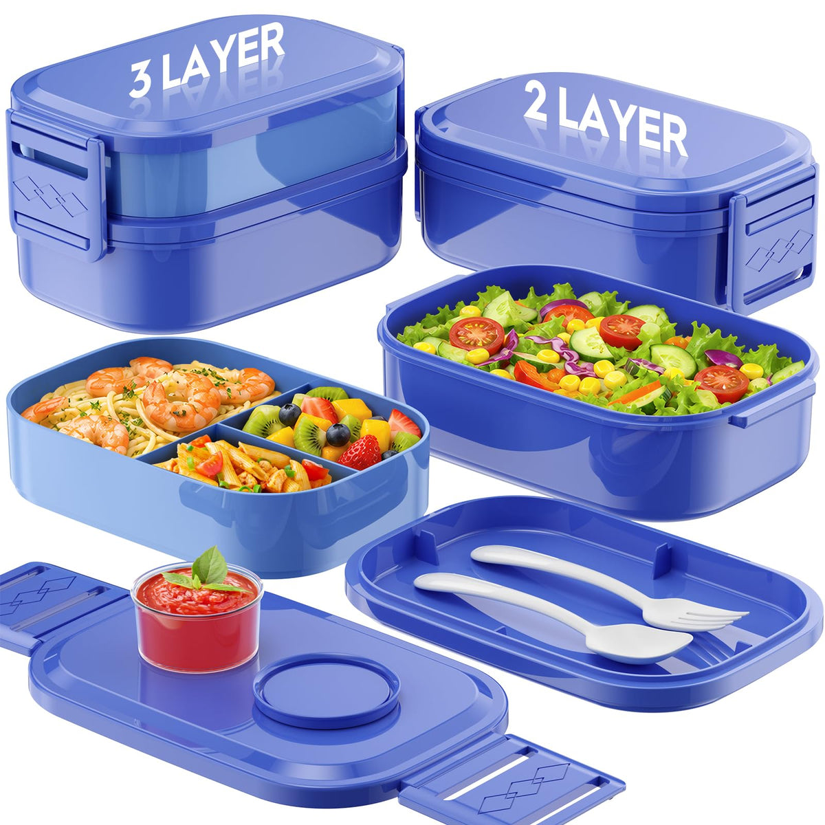 BiuLeon Bento Box Adult Lunch Box, 65 Oz Capacity Lunch Containers(Adjustable 2/3 Tier), BPA-Free, Leak-Proof and Stackable Bento Lunch Box, Microwave & Dishwasher Safe with Utensils(Gray)