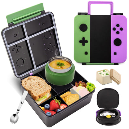 Game Bento Box for Kids, Lunch Box with Thermo(9oz Food Jar), Folding Spoon, Removable Divider & Sauce Cup, Lunch Box Kids for School,Travel, BPA-Free & Realistic Shape(Blue-Red)