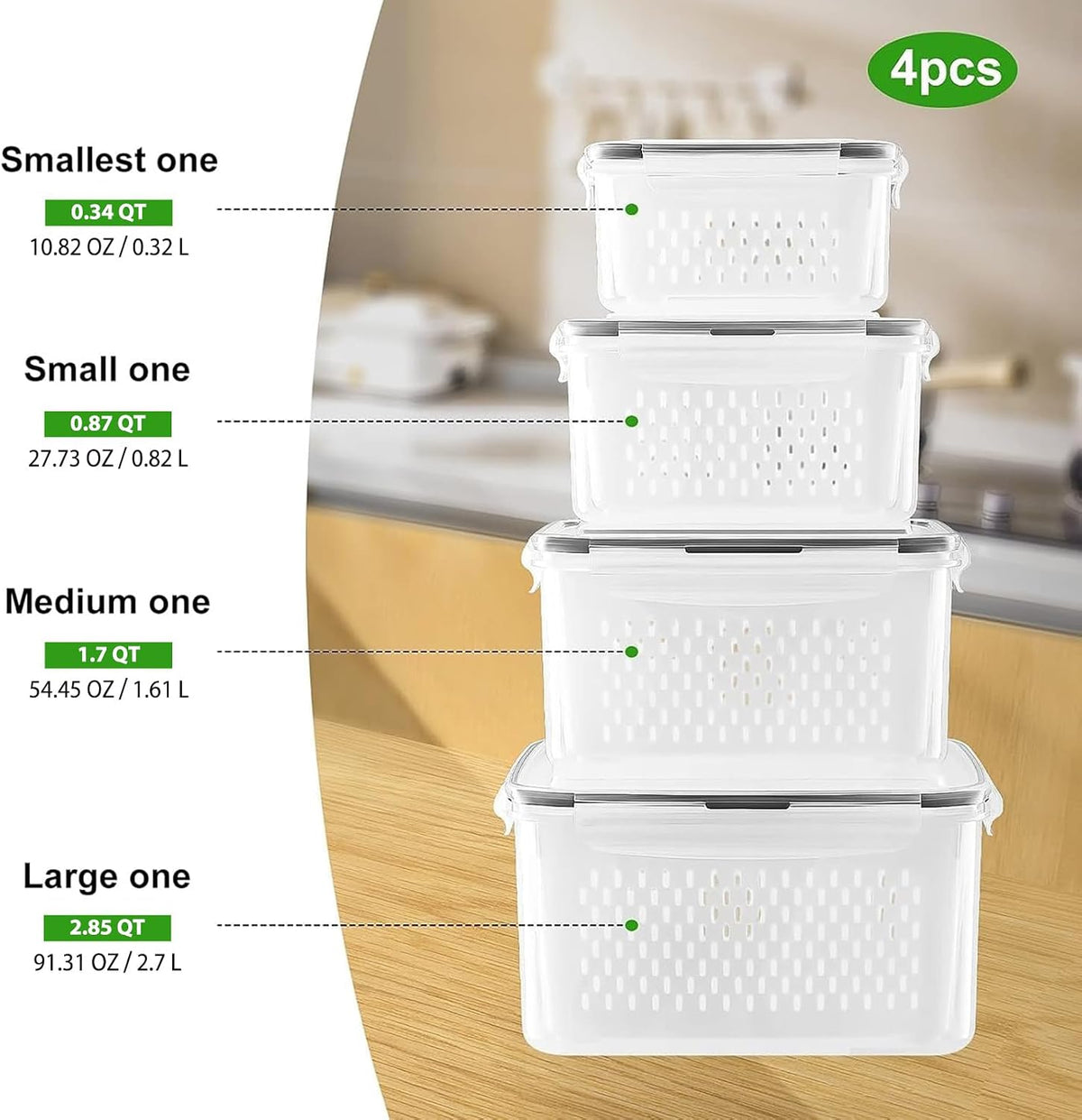 Freshmage Fruit Storage Containers for Fridge with Removable Colander 4 PCS