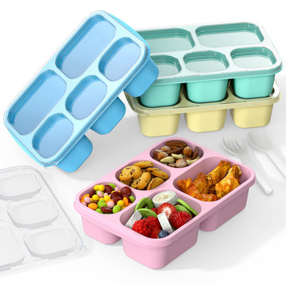 Bento Box Adult Lunch Box - 4 Pack, 5 - Compartment Meal Prep Container for Kids, Reusable Food Storage Snack Containers - Stackable for School, Work, and Travel (Wheat(Green/Blue/Pink/Beige))