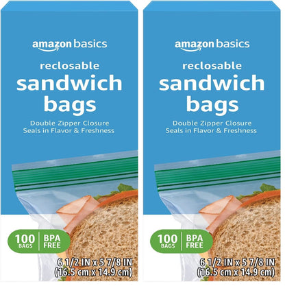 Amazon Basics Resealable Double Zipper Sandwich Storage Bags for Food Storage, 300 Count (Previously Solimo)