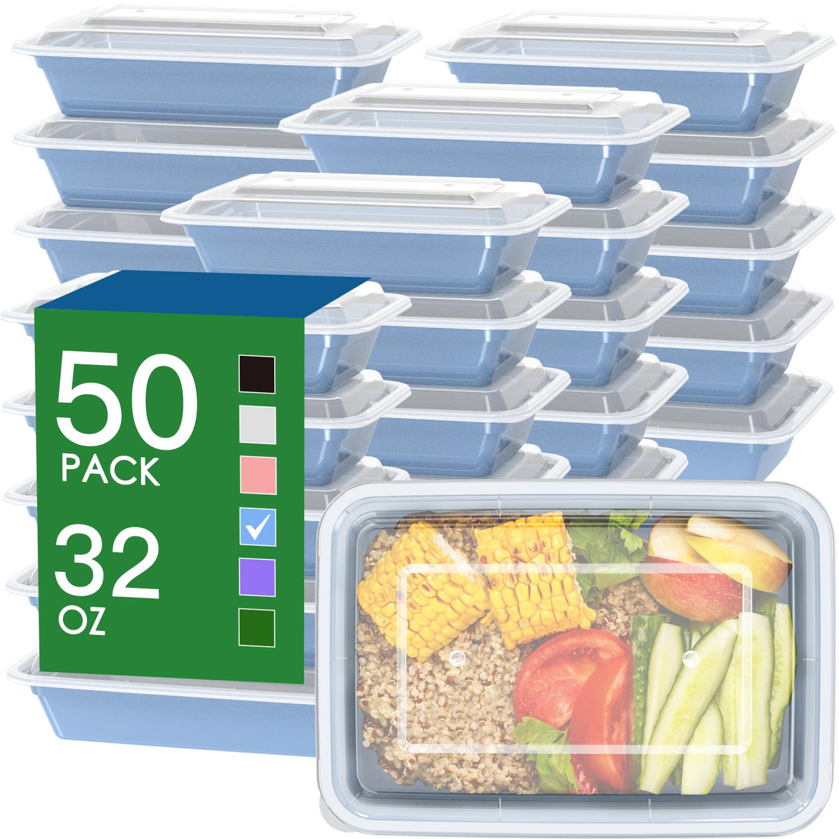 50 Pack (100-Piece) 32 oz Meal Prep Containers with Easy Open Lids, Black