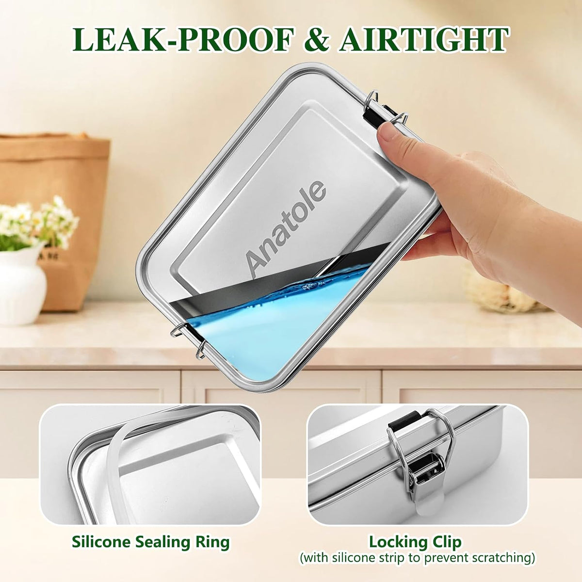 Anatole 304 Stainless Steel Bento Box 47oz Leak-Proof Lunch Box 1 Divider