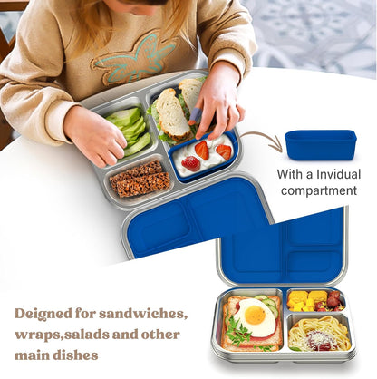 BABHAMNESS Stainless Steel Bento Box Kids, 3 Compartments Leak Proof Metal Bento Lunch Box, 304 Stainless Steel Bento Lunch Containers for School and Office,Dishwasher Safe, BPA-Free-Blue