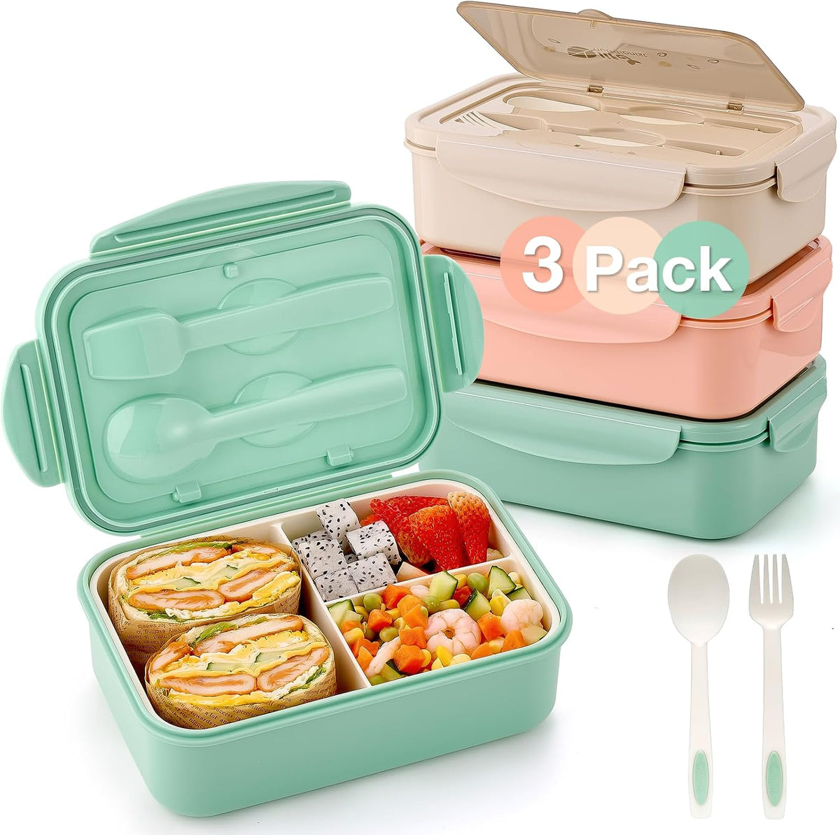 Mfacoy® 3 Pack Bento Boxes for Adults/Kids, 1100 ML Bento Lunch Box With Spoon & Fork, Lunch Box Containers, Bento Box for Dining Out, Work, Picnic, BPA-Free, Microwave & Dishwasher Safe