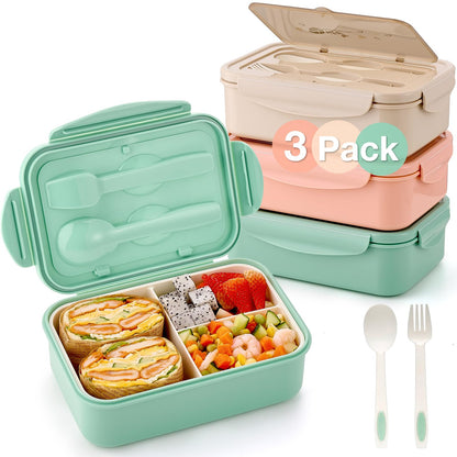 Mfacoy® 3 Pack Bento Boxes for Adults/Kids, 1100 ML Bento Lunch Box With Spoon & Fork, Lunch Box Containers, Bento Box for Dining Out, Work, Picnic, BPA-Free, Microwave & Dishwasher Safe