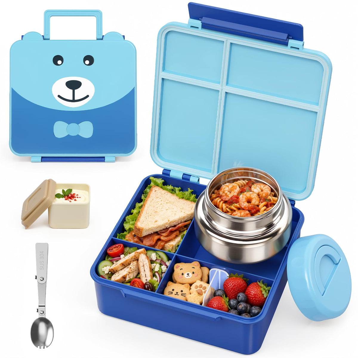 Bento Lunch Box for Kids with 9oz Soup Thermo,Kids 4 Compartments Bento Box with Folding Spoon & Sauce Cup,Lunch Box Kids for School,Travel, BPA-Free(Black)