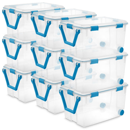 Sterilite 80 Qt Gasket Box, Stackable Storage Bin with Latching Lid and Tight Seal, Plastic Container to Organize Basement, Clear Base and Lid, 1-Pack
