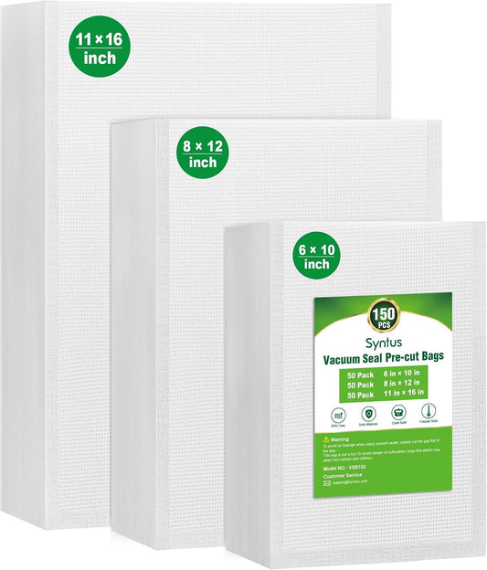 Syntus 150 Pcs Vacuum Sealer Bags for Food, 8x12+11x16+6x10, BPA Free