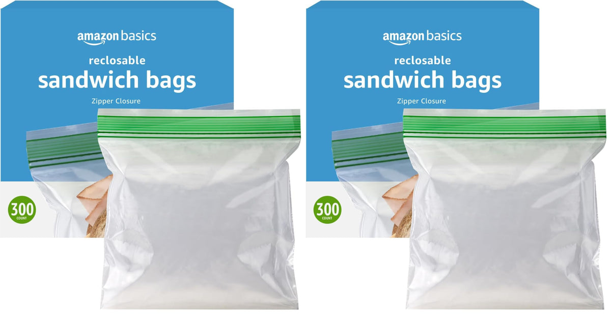 Amazon Basics Resealable Double Zipper Sandwich Storage Bags for Food Storage, 300 Count (Previously Solimo)