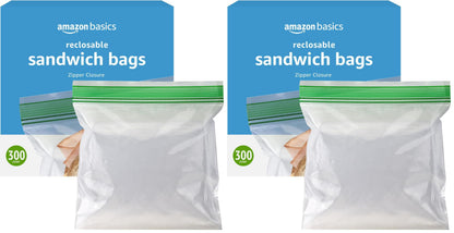 Amazon Basics Resealable Double Zipper Sandwich Storage Bags for Food Storage, 300 Count (Previously Solimo)