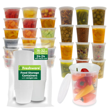Freshware Food Storage Containers [24 Set] 32 oz Plastic Deli Containers with Lids, Slime, Soup, Meal Prep Containers | BPA Free | Stackable | Leakproof | Microwave/Dishwasher/Freezer Safe