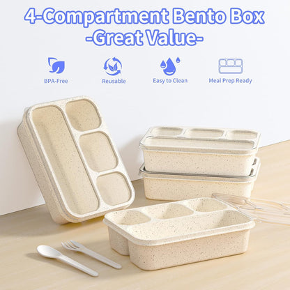 Bento Box 5-Pack, 4-Compartment Lunch Box for Women, Men & Kids, BPA-Free Wheat Straw Snack Containers, Ideal for Meal Prep, Travel, School, Work (White)