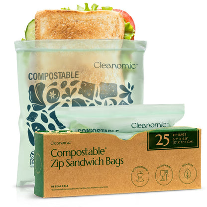 Cleanomic Compostable Zip Sandwich Bags - Leak Resistant, Gallon, Quart, Sandwich, Snack - 125 Count