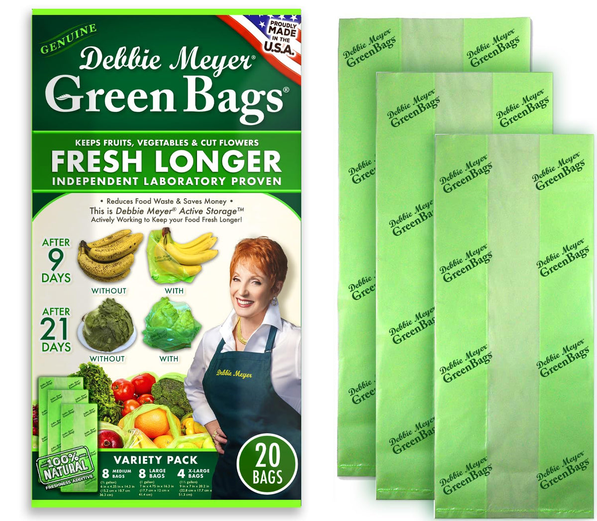 Debbie Meyer GreenBags, 32-Pack (16M, 8L, 8XL), Reusable Food Storage Bags