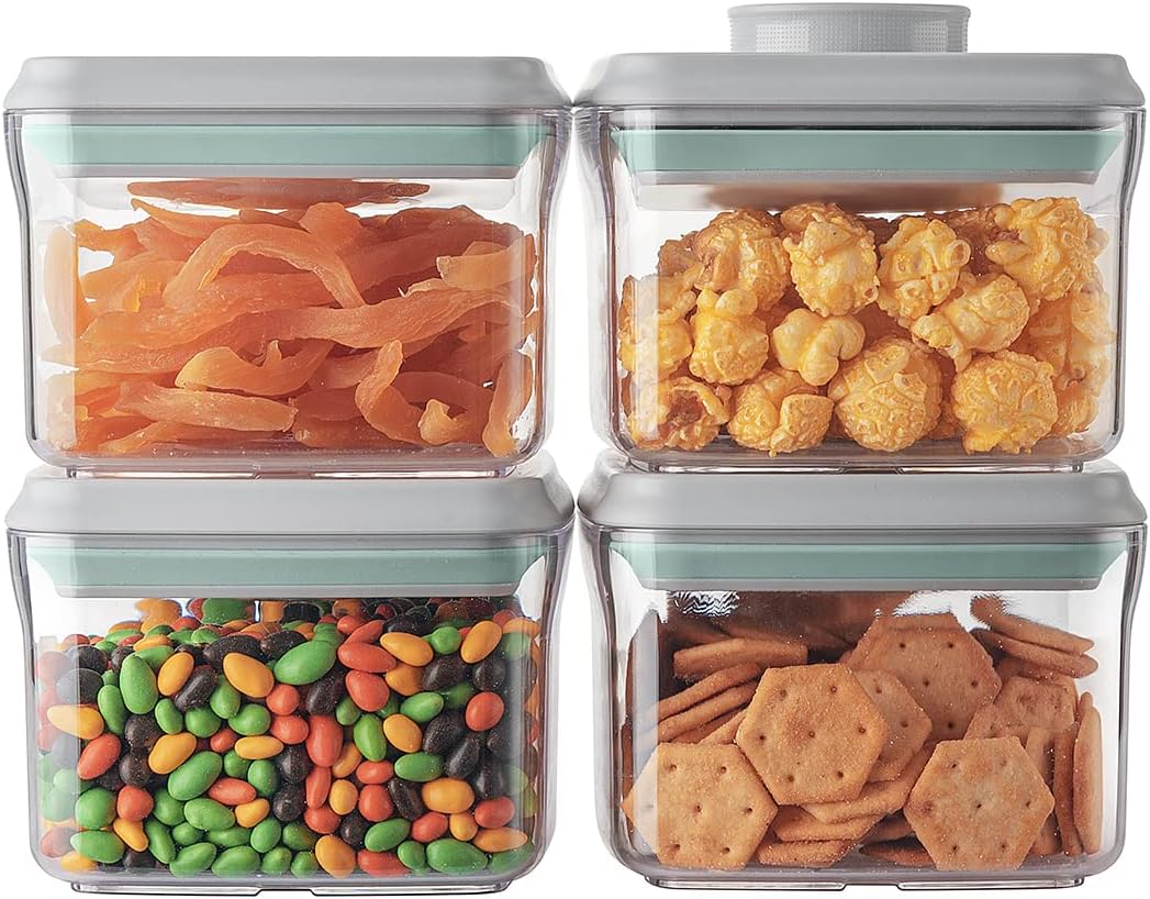 Ankou Airtight Container Set - (380ml 4 Pcs) Stackable One Button Openning Food Containers for Snacks Candy Salt Herbs Spices BPA-Free Tranparent (0.32 QT * 4)