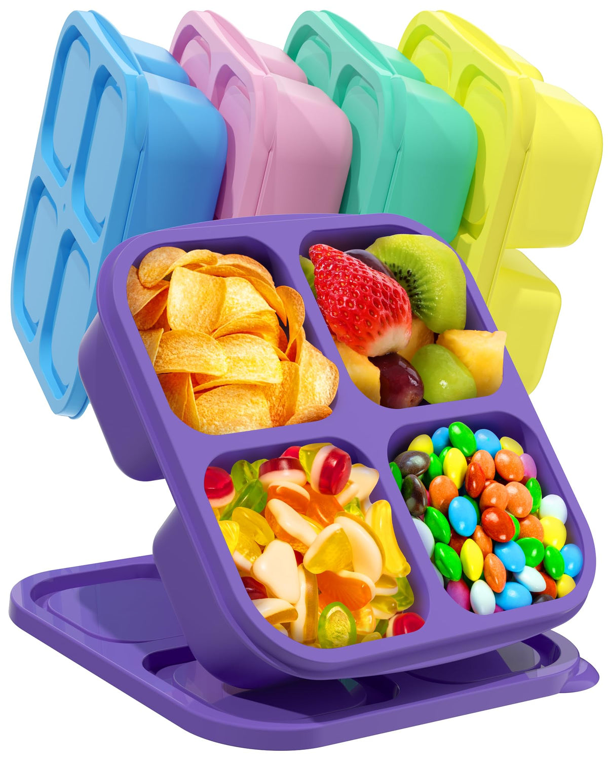 Canfanni 5 Pack Bento Snack Containers, 4 Compartment BPA-free Plastic Food Storage Containers, Divided Lunchable Container, Bento Lunch Box for Work and Travel