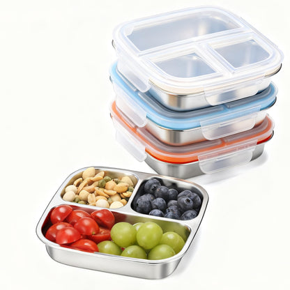 Stainless Steel Snack Containers, 3 Compartments Reusable on and go Bento Box with Lids for Kids, Lunch Box Pre Meal Storage for Daycare School Outdoor Camping Travel - Blue