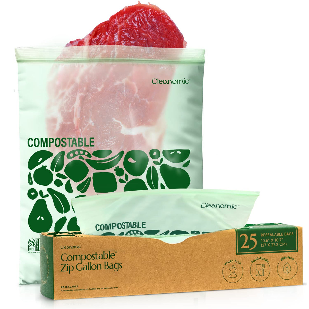 Cleanomic Compostable Zip Sandwich Bags - Leak Resistant, Gallon, Quart, Sandwich, Snack - 125 Count