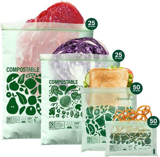 Cleanomic Compostable Zip Sandwich Bags - Leak Resistant, Gallon, Quart, Sandwich, Snack - 125 Count