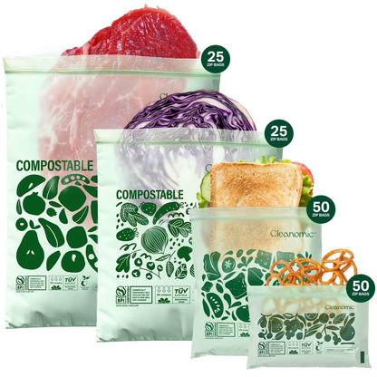Cleanomic Compostable Zip Sandwich Bags - Leak Resistant, Gallon, Quart, Sandwich, Snack - 125 Count