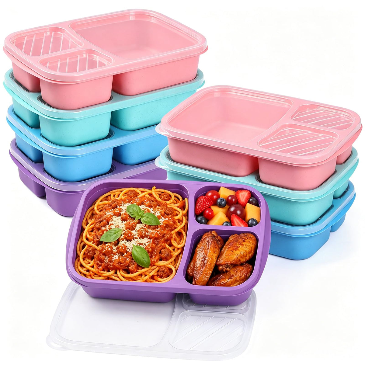 buluker 4 Pack Bento Lunch Box Set 3 Compartment Food Storage Containers Wheat Straw Meal Prep Lunch Box Plastic Food Storage Containers, Microwave and Dishwasher Safe (light colour)