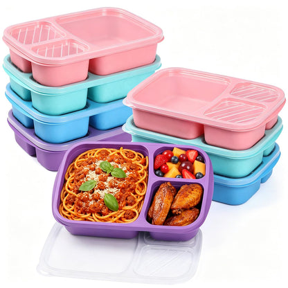 buluker 4 Pack Bento Lunch Box Set 3 Compartment Food Storage Containers Wheat Straw Meal Prep Lunch Box Plastic Food Storage Containers, Microwave and Dishwasher Safe (light colour)