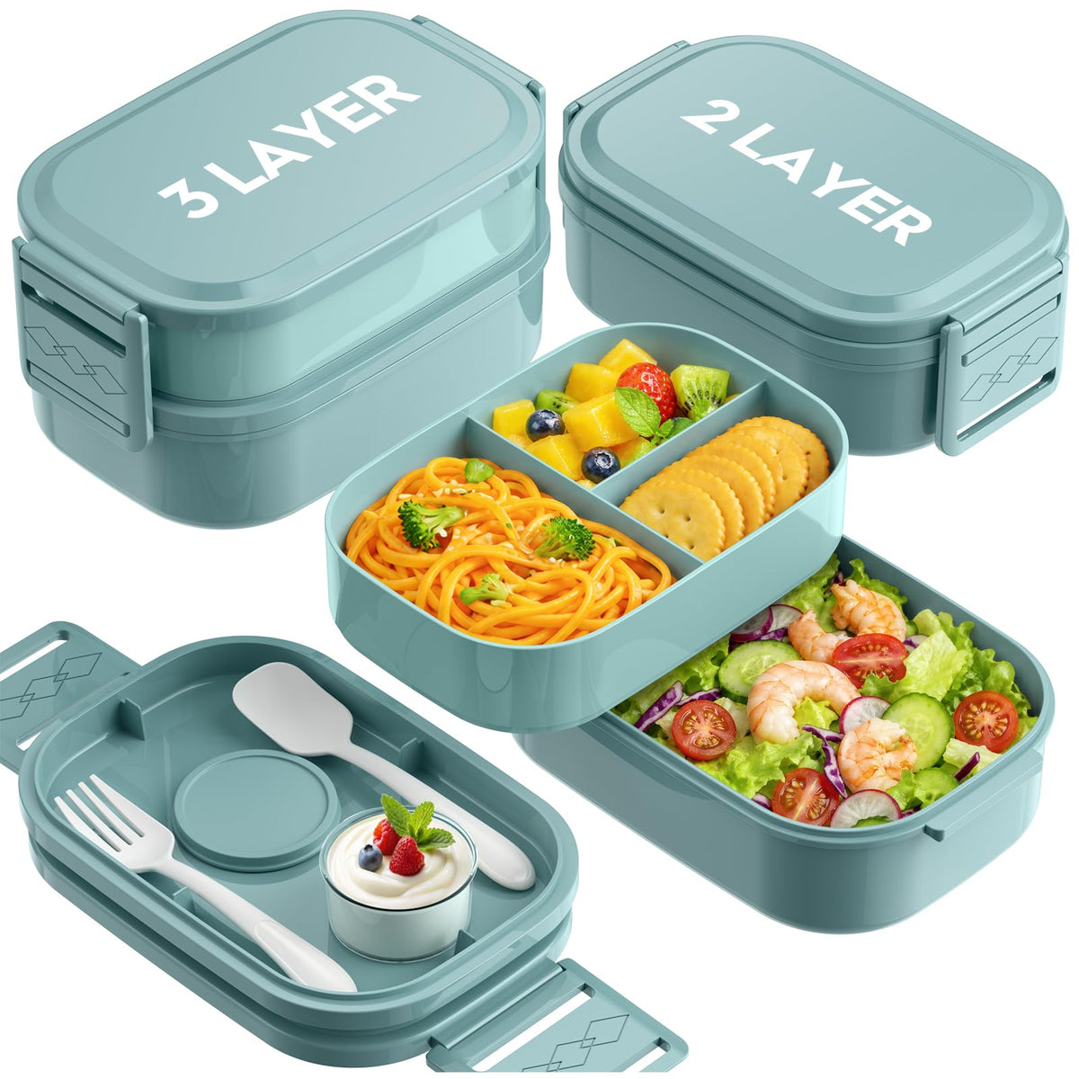 Bento Lunch Box, 65 oz 3-Tier Stackable Lunch Container, Adjustable 2/3 Tier Design, BPA-Free Food-Grade Plastic, Leakproof, Microwave & Dishwasher Safe, Green