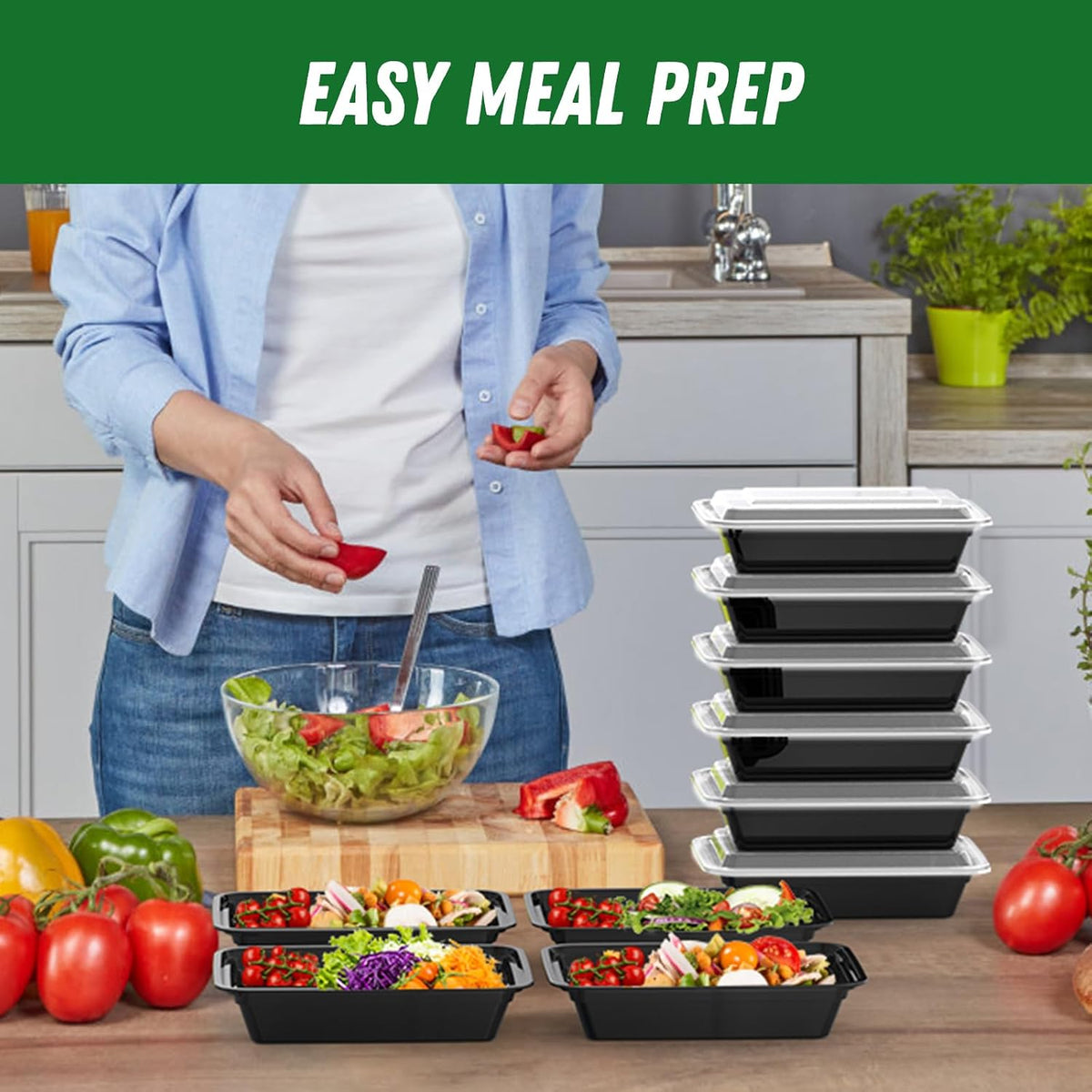 50 Pack (100-Piece) 32 oz Meal Prep Containers with Easy Open Lids, Black