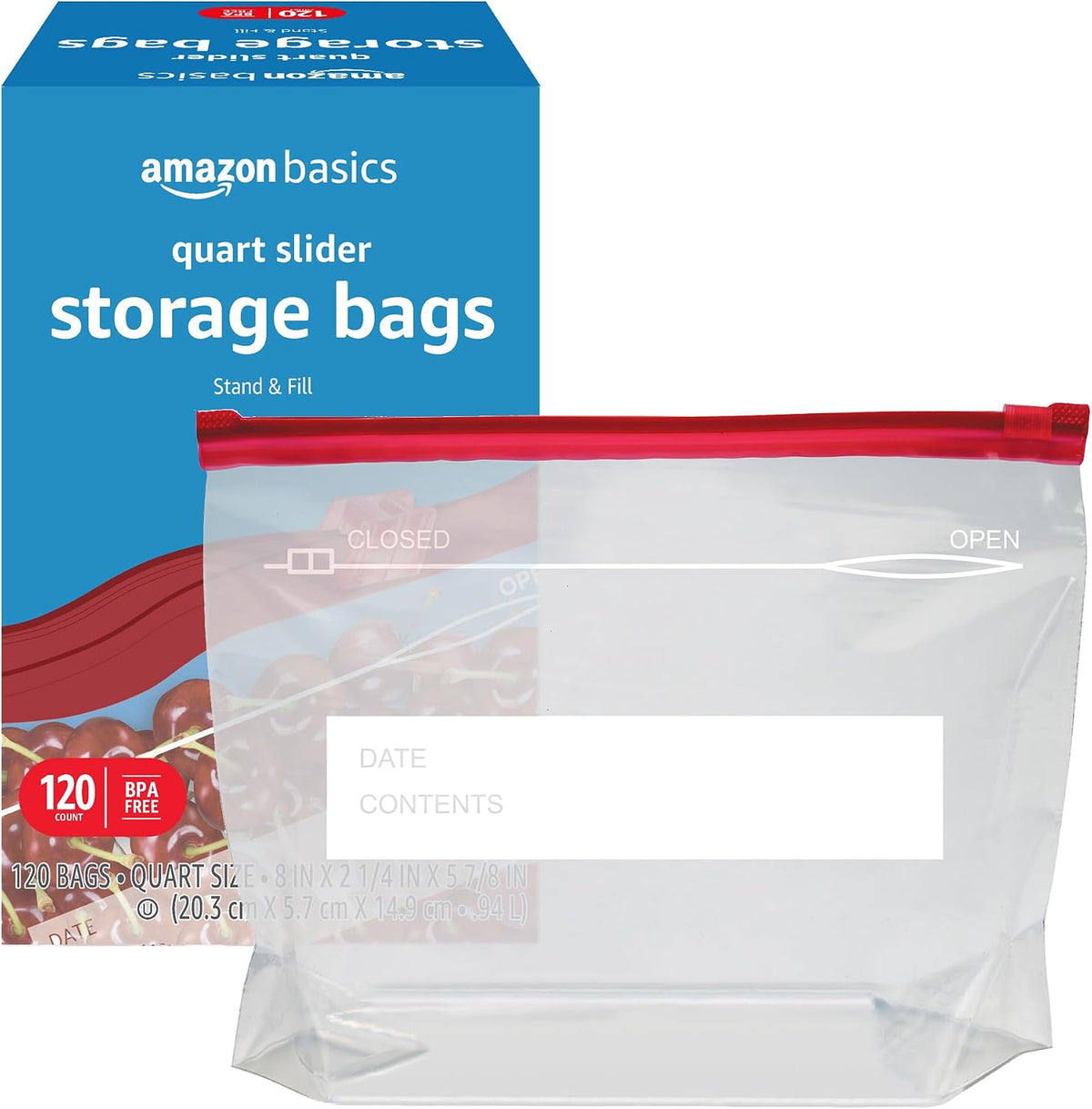 Amazon Basics Slider Quart Food Storage Bags with Stand-Up Bottom, Easy to Fill, BPA Free, 120 Count (Previously Solimo)