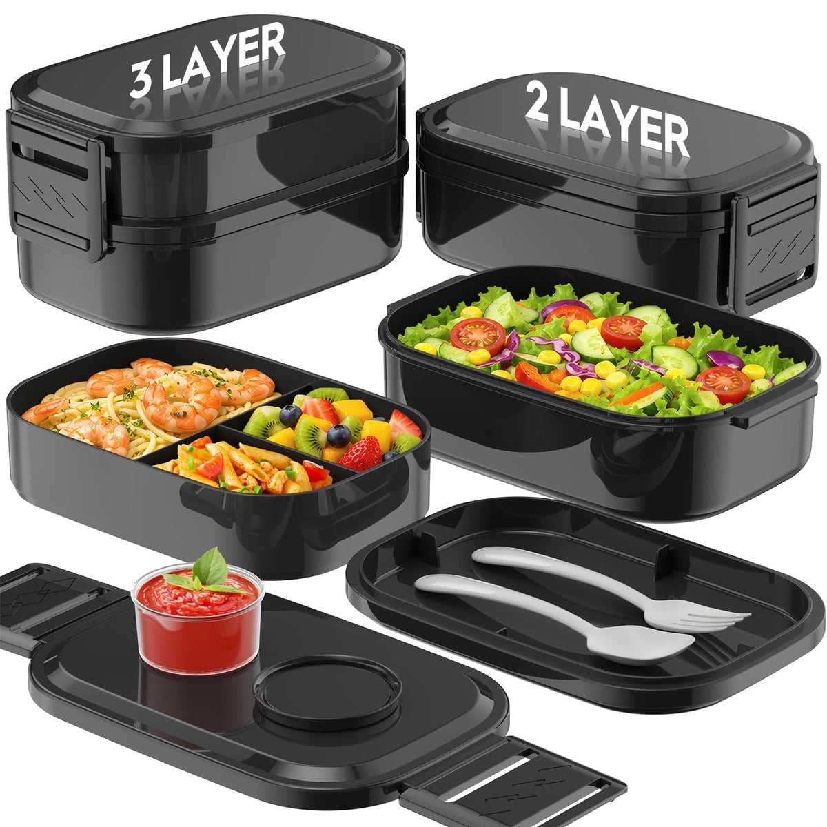 BiuLeon Bento Box Adult Lunch Box, 65 Oz Capacity Lunch Containers(Adjustable 2/3 Tier), BPA-Free, Leak-Proof and Stackable Bento Lunch Box, Microwave & Dishwasher Safe with Utensils(Gray)