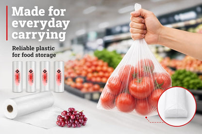 Mr Miracle Plastic Produce Bags for Food Storage - 12"x20" Clear Grocery Bag for Fruits, Vegetables, Bread - Easy Peel-Off Design, Continuous Roll, 1.75" Core, Pack of 1440 Bags [4 rolls]