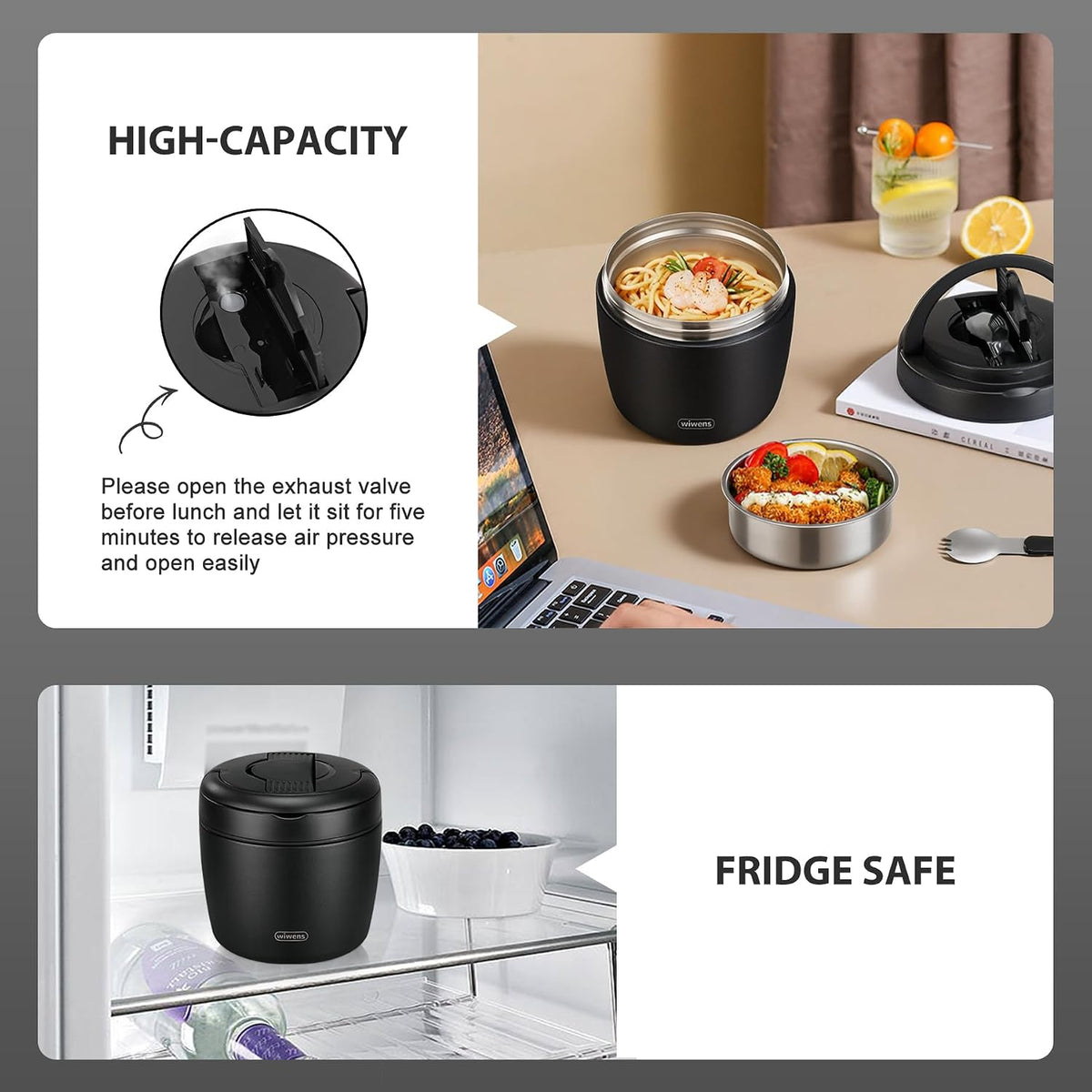 wiwens Thermo Food Jar for Hot Food 32OZ Soup Thermo Lunch Containers Wide Mouth Vacuum Insulated Stainless Steel Leakproof Bento Box with Spoon (Black)