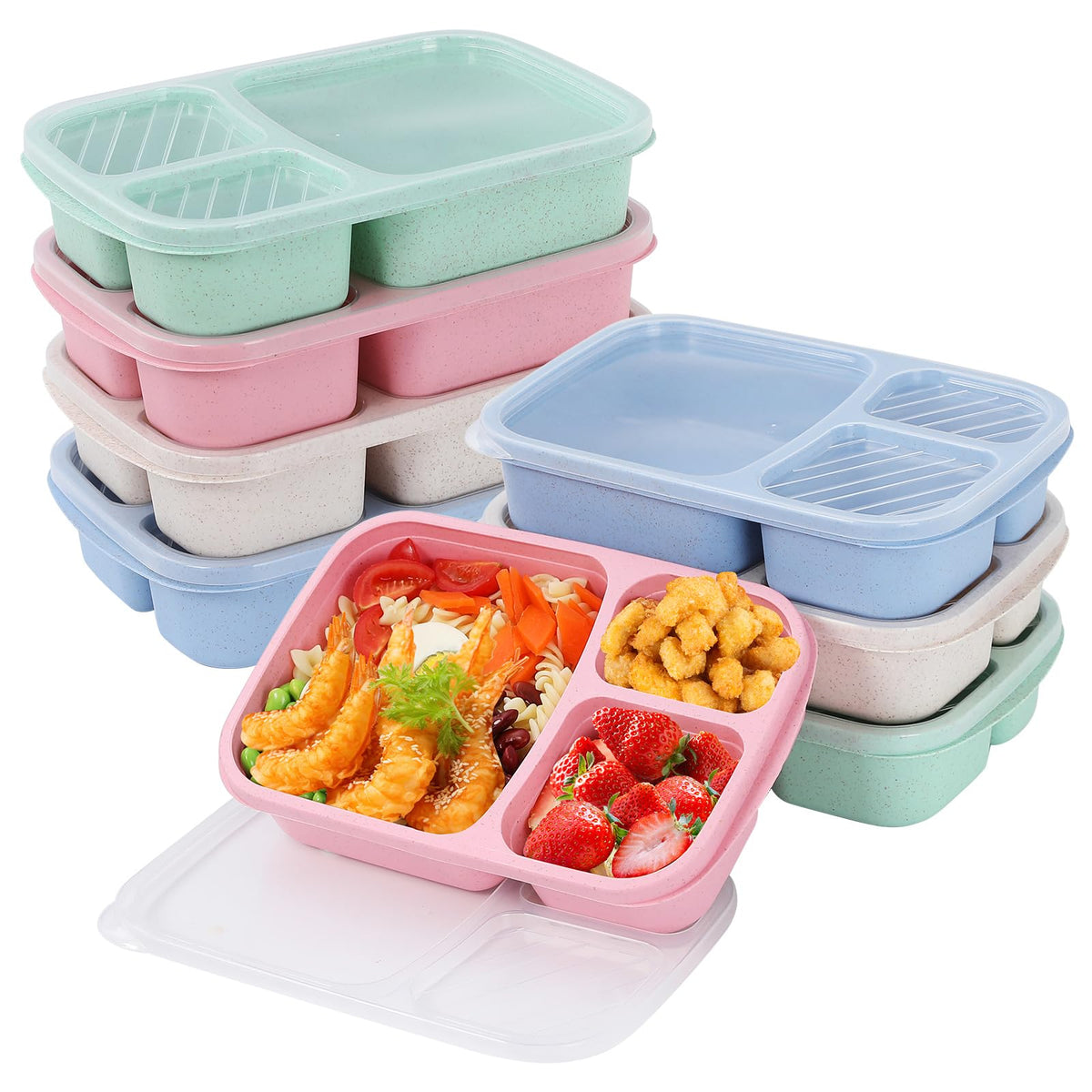 buluker 4 Pack Bento Lunch Box Set 3 Compartment Food Storage Containers Wheat Straw Meal Prep Lunch Box Plastic Food Storage Containers, Microwave and Dishwasher Safe (light colour)