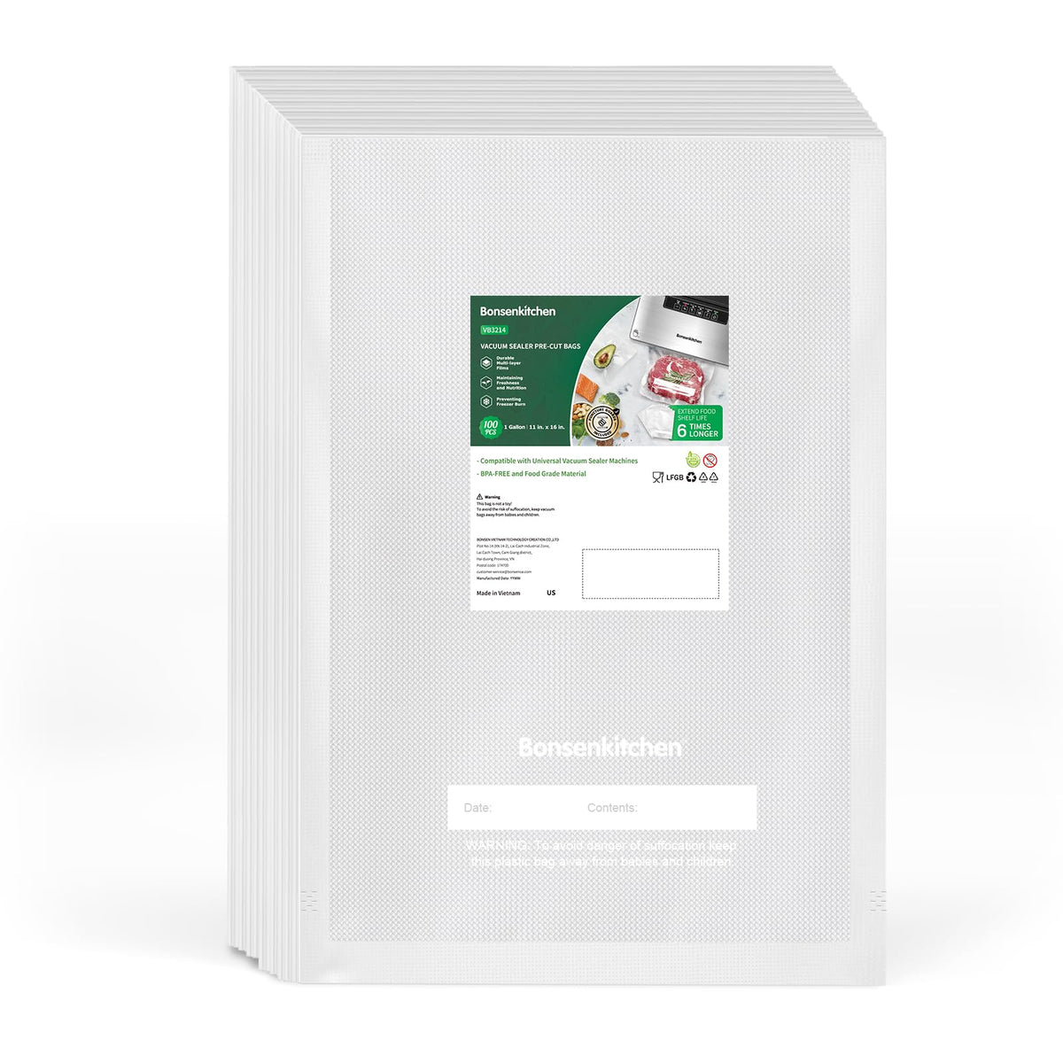 Bonsenkitchen Precut Vacuum Food Sealer Bags 100 Pint 6" x 10", BPA Free