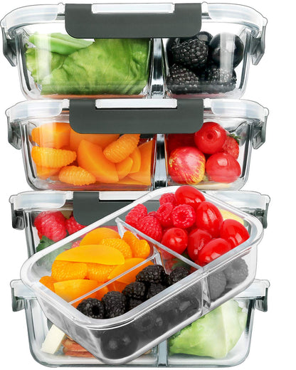 M MCIRCO 5 Pack,36 oz, 3 Compartments Glass Meal Prep Containers with Lids