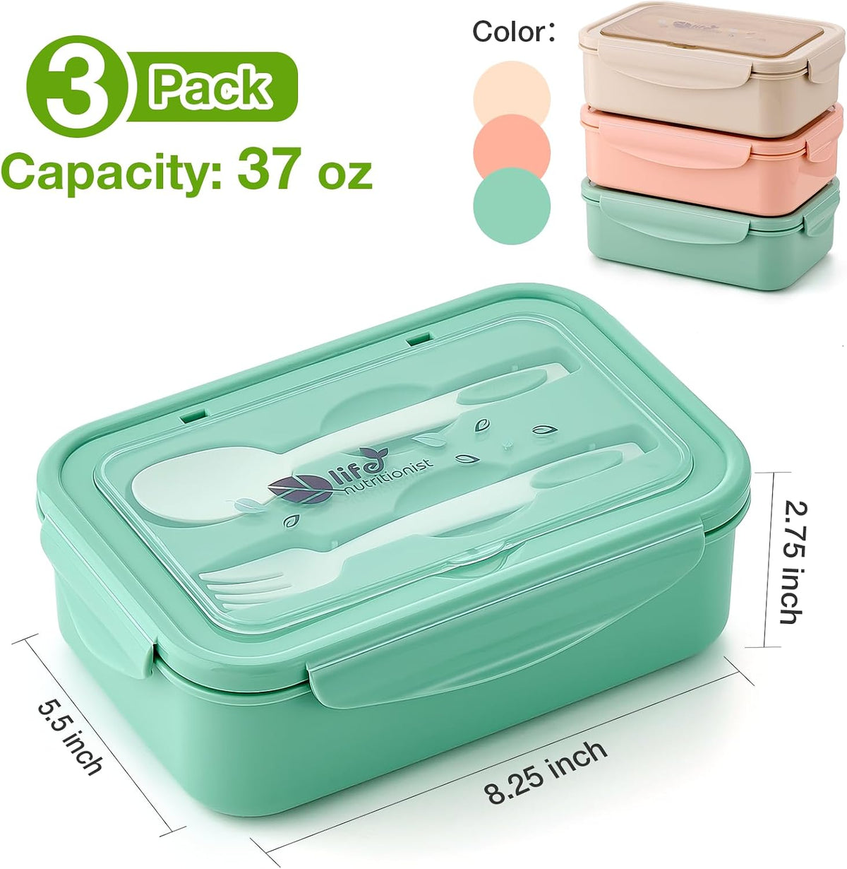 Mfacoy® 3 Pack Bento Boxes for Adults/Kids, 1100 ML Bento Lunch Box With Spoon & Fork, Lunch Box Containers, Bento Box for Dining Out, Work, Picnic, BPA-Free, Microwave & Dishwasher Safe