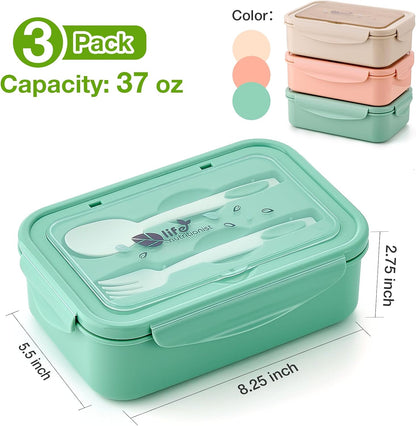 Mfacoy® 3 Pack Bento Boxes for Adults/Kids, 1100 ML Bento Lunch Box With Spoon & Fork, Lunch Box Containers, Bento Box for Dining Out, Work, Picnic, BPA-Free, Microwave & Dishwasher Safe