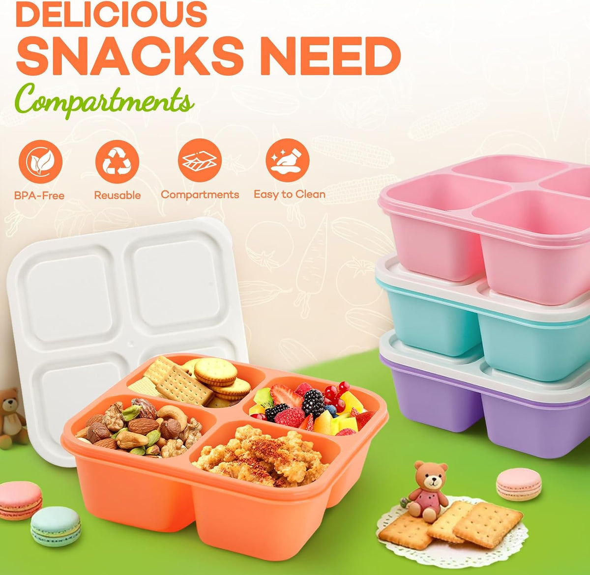 Bento Box Adult Lunch Box- 4 Pack,4 Compartment Snack Containers Reusable Meal Prep Stackable BPA-Free Lunch Containers for Home, Work, Travel (4 Color)